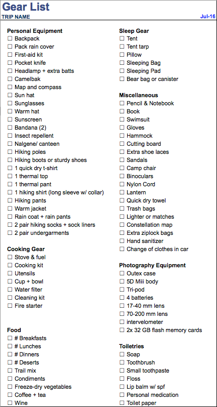 Packing List